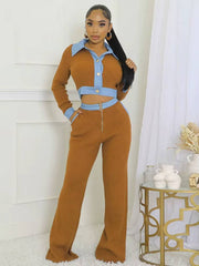 Casual Patchwork Vest Crop Top and Straight Pants Two 2 Piece Sets Mssza