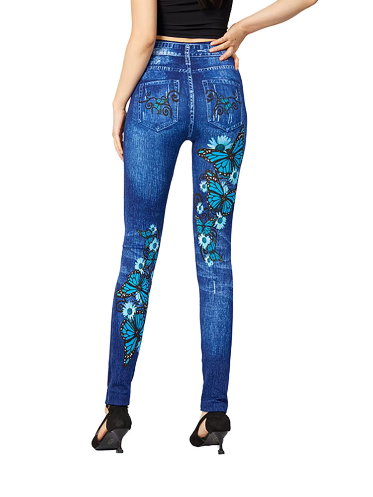 Casual Pencil Faux Denim High Waist Elastic Butterfly Pritned Leggins Mssza