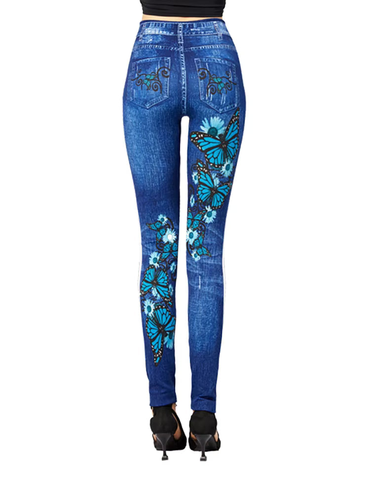 Casual Pencil Faux Denim High Waist Elastic Butterfly Pritned Leggins Mssza