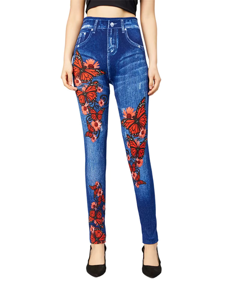Casual Pencil Faux Denim High Waist Elastic Butterfly Pritned Leggins Mssza