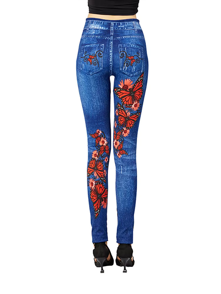 Casual Pencil Faux Denim High Waist Elastic Butterfly Pritned Leggins Mssza