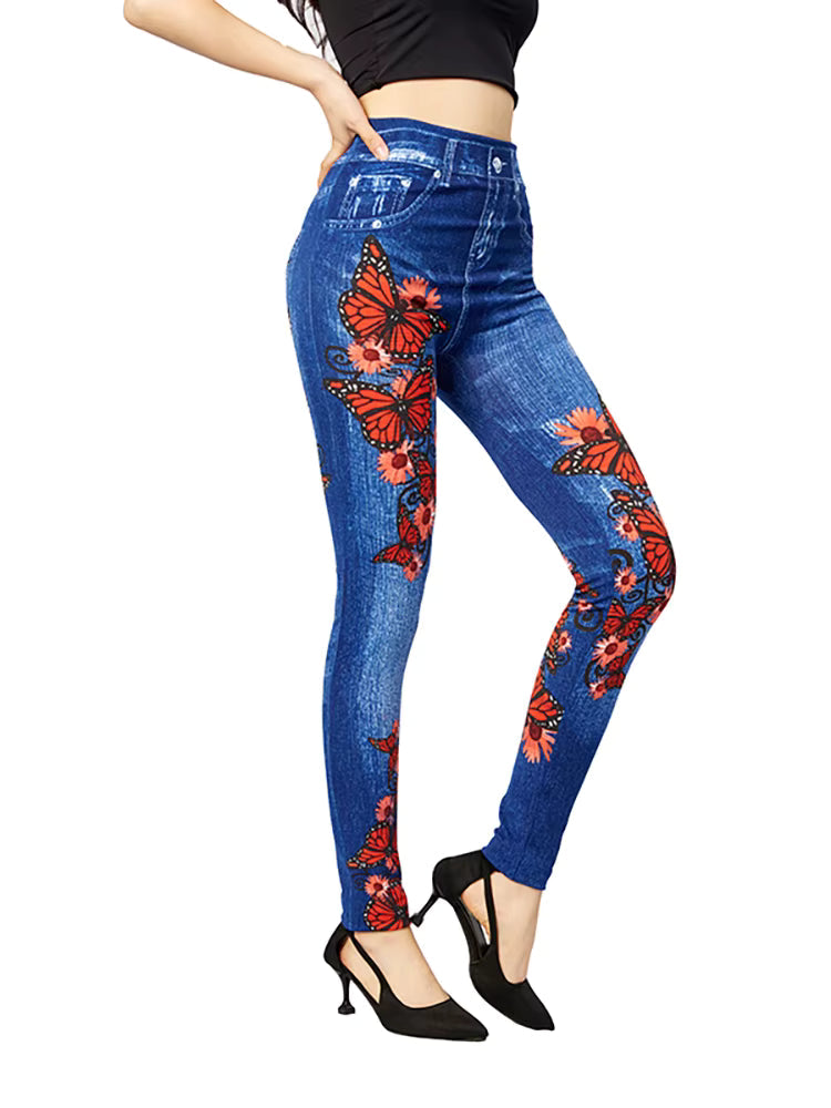Casual Pencil Faux Denim High Waist Elastic Butterfly Pritned Leggins Mssza