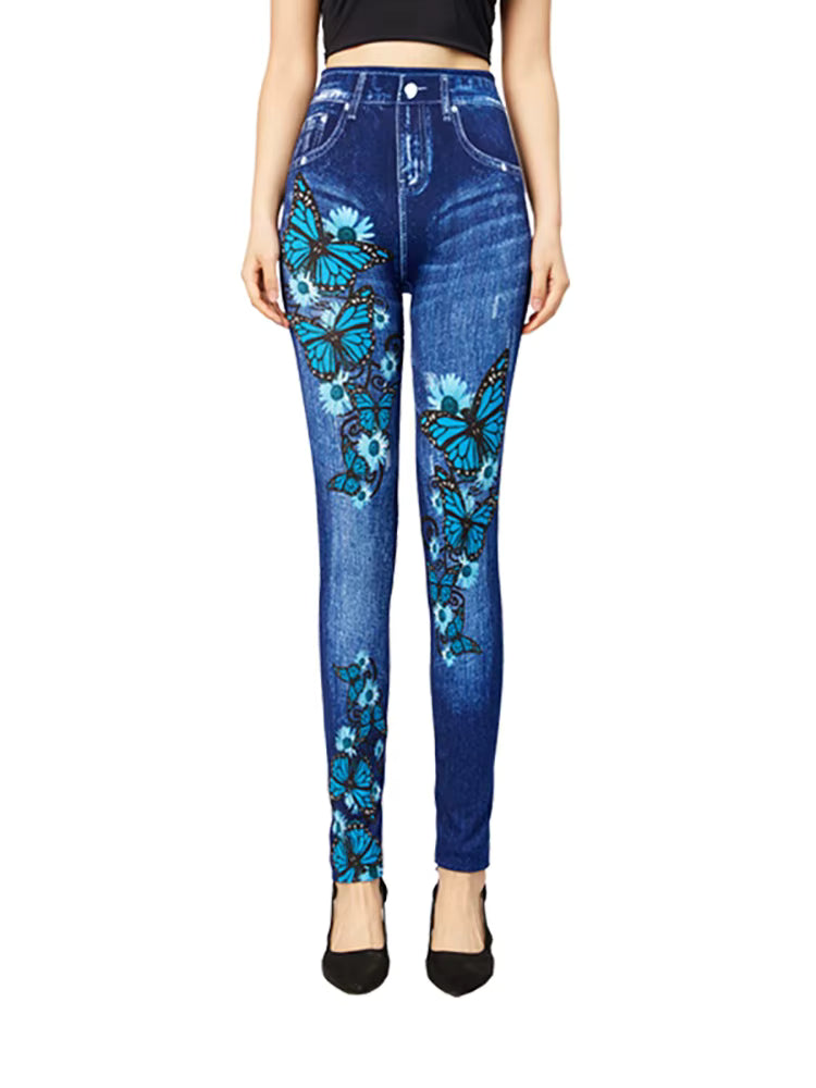 Casual Pencil Faux Denim High Waist Elastic Butterfly Pritned Leggins Mssza