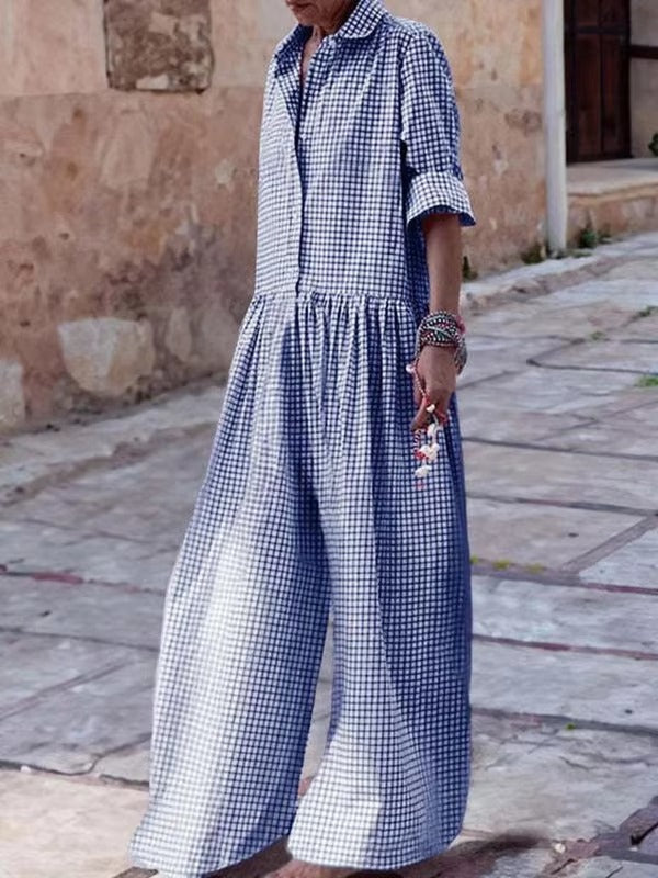 Casual Plaid Button Cotton Blended High Waist Loose Full Jumpsuit Mssza