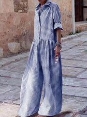 Casual Plaid Button Cotton Blended High Waist Loose Full Jumpsuit Mssza