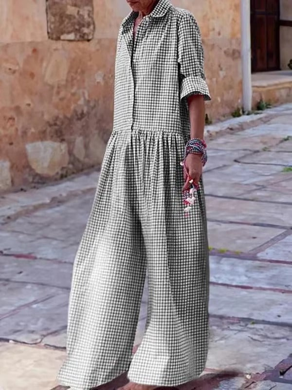 Casual Plaid Button Cotton Blended High Waist Loose Full Jumpsuit Mssza