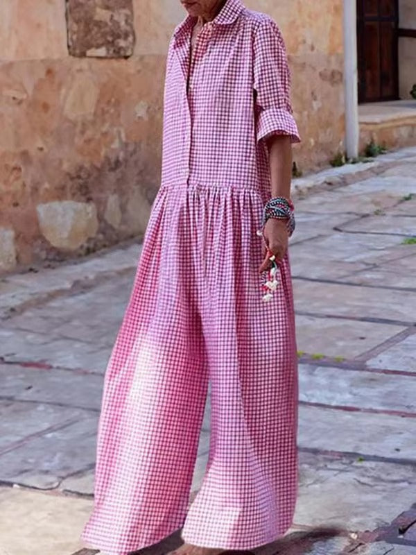 Casual Plaid Button Cotton Blended High Waist Loose Full Jumpsuit Mssza