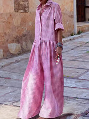 Casual Plaid Button Cotton Blended High Waist Loose Full Jumpsuit Mssza