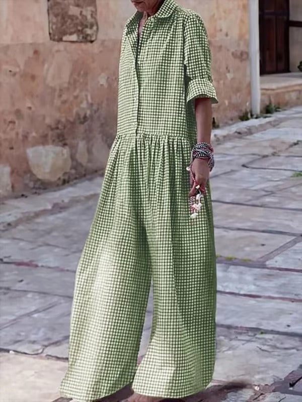 Casual Plaid Button Cotton Blended High Waist Loose Full Jumpsuit Mssza