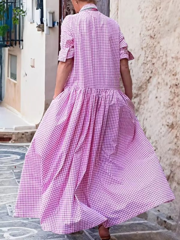 Casual Plaid Button Cotton Blended High Waist Loose Full Jumpsuit Mssza