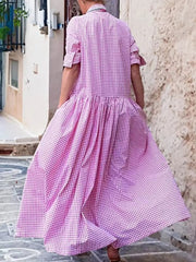 Casual Plaid Button Cotton Blended High Waist Loose Full Jumpsuit Mssza