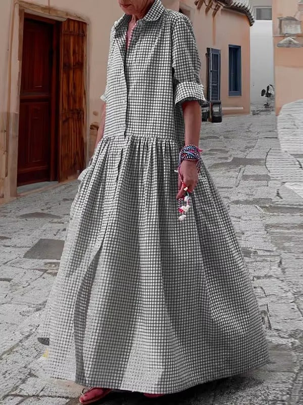 Casual Plaid Button Cotton Blended High Waist Loose Full Jumpsuit Mssza