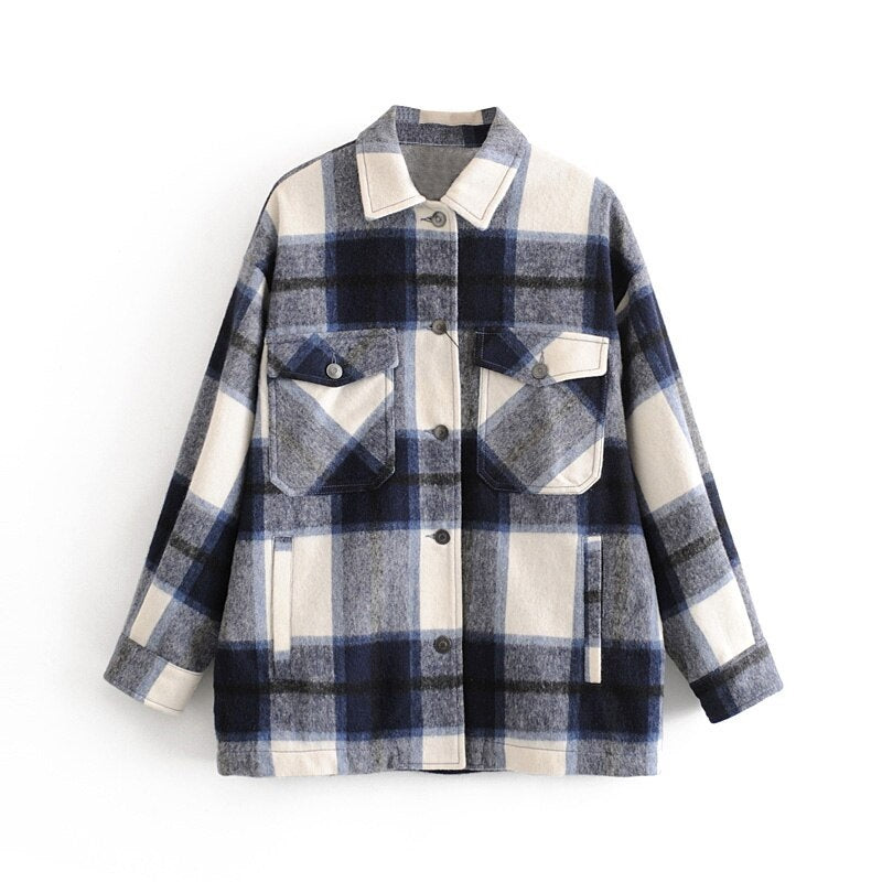 Casual Plaid Pockets Batwing Long Sleeve Turn Down Collar Shirt Mssza
