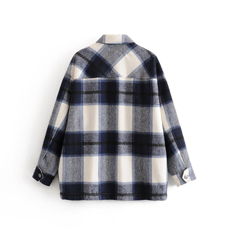 Casual Plaid Pockets Batwing Long Sleeve Turn Down Collar Shirt Mssza