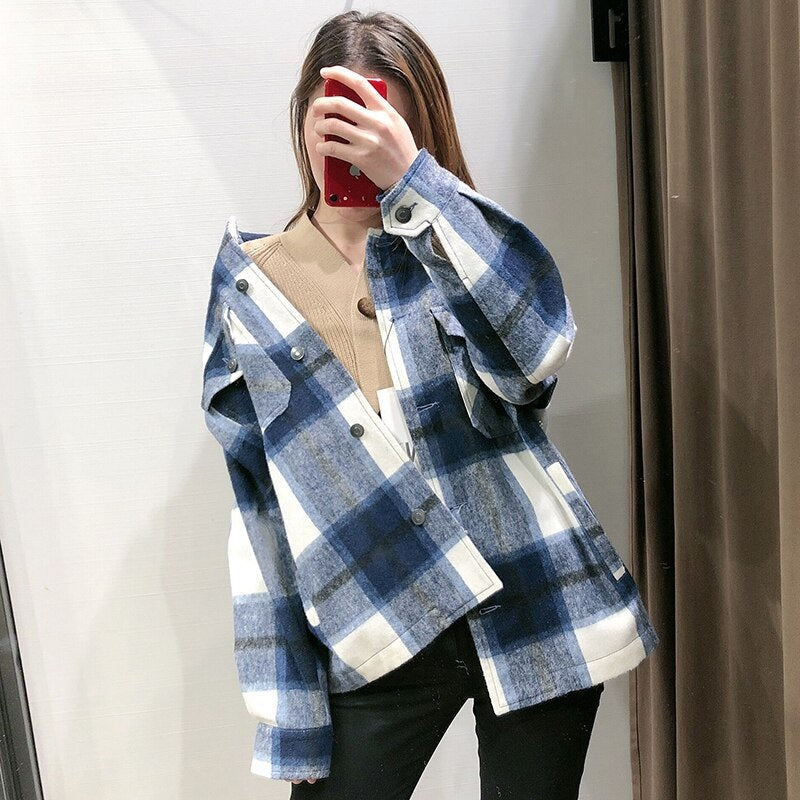 Casual Plaid Pockets Batwing Long Sleeve Turn Down Collar Shirt Mssza