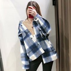 Casual Plaid Pockets Batwing Long Sleeve Turn Down Collar Shirt Mssza