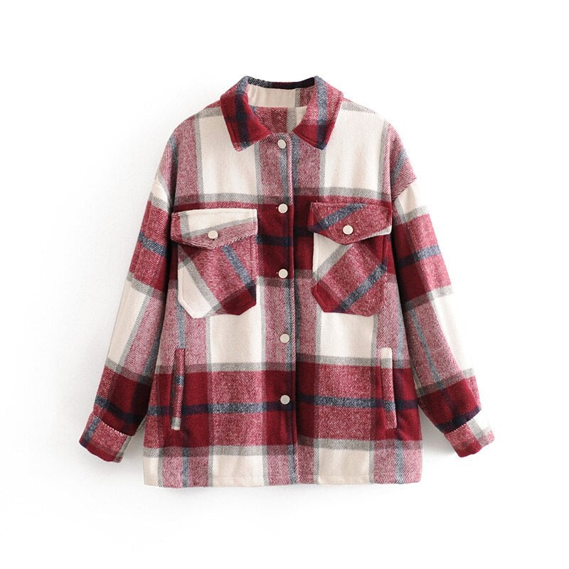 Casual Plaid Pockets Batwing Long Sleeve Turn Down Collar Shirt Mssza