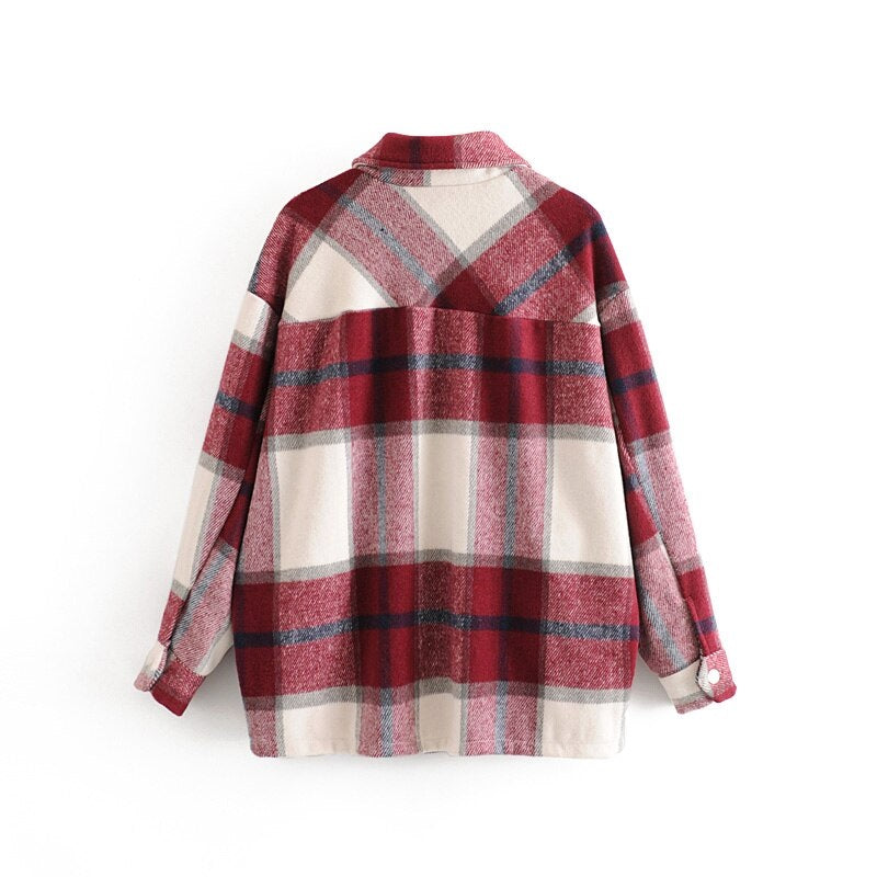 Casual Plaid Pockets Batwing Long Sleeve Turn Down Collar Shirt Mssza