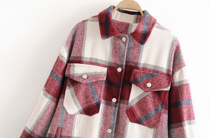 Casual Plaid Pockets Batwing Long Sleeve Turn Down Collar Shirt Mssza