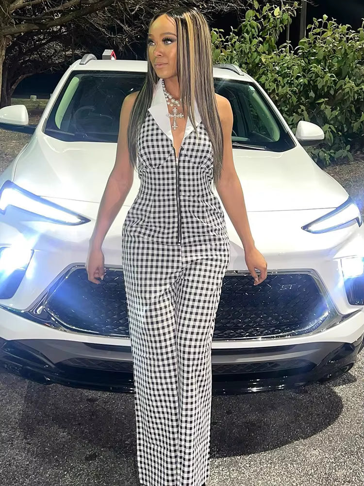 Casual Plaid Printed Contrast Color Lapel Halter Zip-up Straight Jumpsuits Mssza