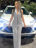 Casual Plaid Printed Contrast Color Lapel Halter Zip-up Straight Jumpsuits Mssza