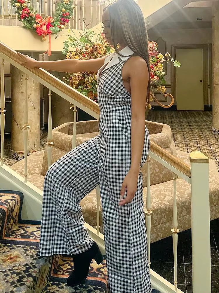 Casual Plaid Printed Contrast Color Lapel Halter Zip-up Straight Jumpsuits Mssza