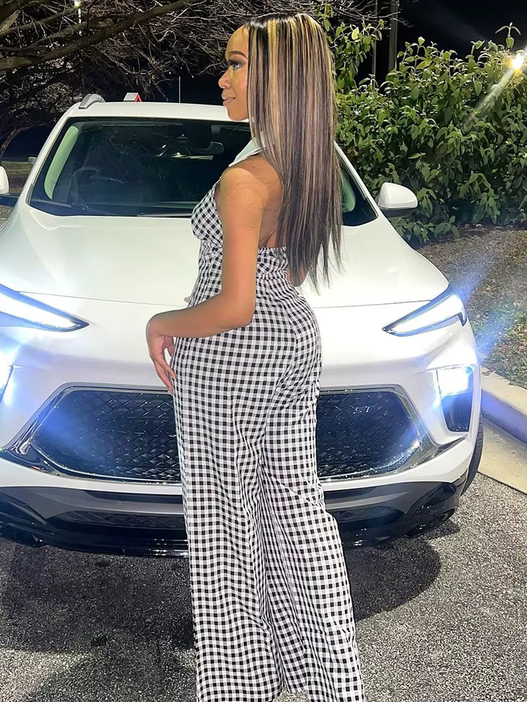 Casual Plaid Printed Contrast Color Lapel Halter Zip-up Straight Jumpsuits Mssza