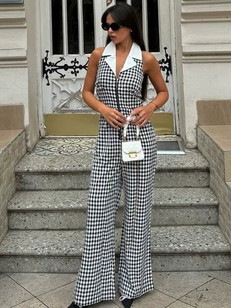 Casual Plaid Printed Contrast Color Lapel Halter Zip-up Straight Jumpsuits Mssza