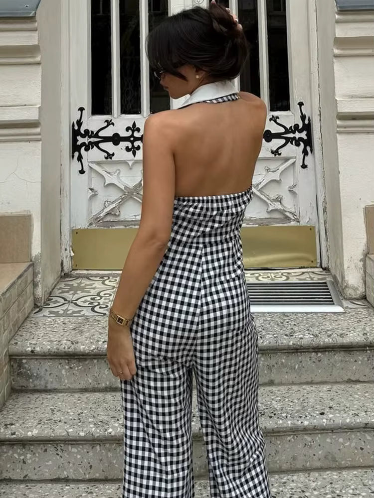 Casual Plaid Printed Contrast Color Lapel Halter Zip-up Straight Jumpsuits Mssza