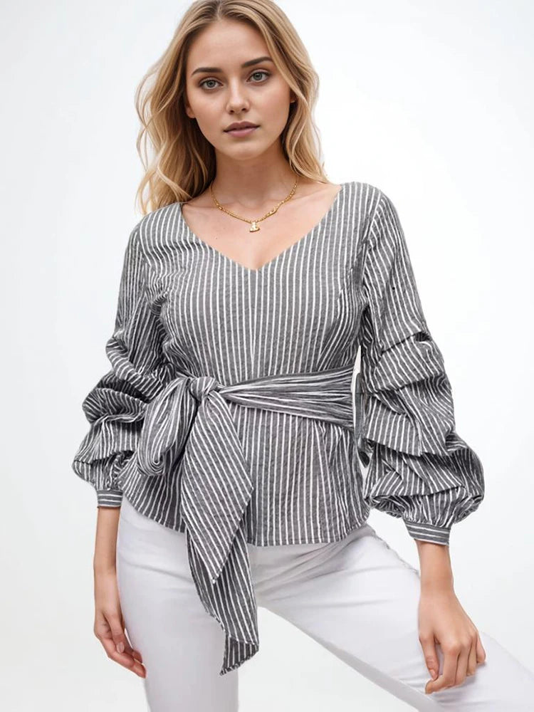 Casual Plaid Spliced Bowknot V-Neck Puff Sleeve Patchwork Folds Pullover Blouses Mssza