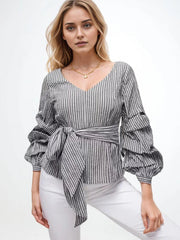 Casual Plaid Spliced Bowknot V-Neck Puff Sleeve Patchwork Folds Pullover Blouses Mssza