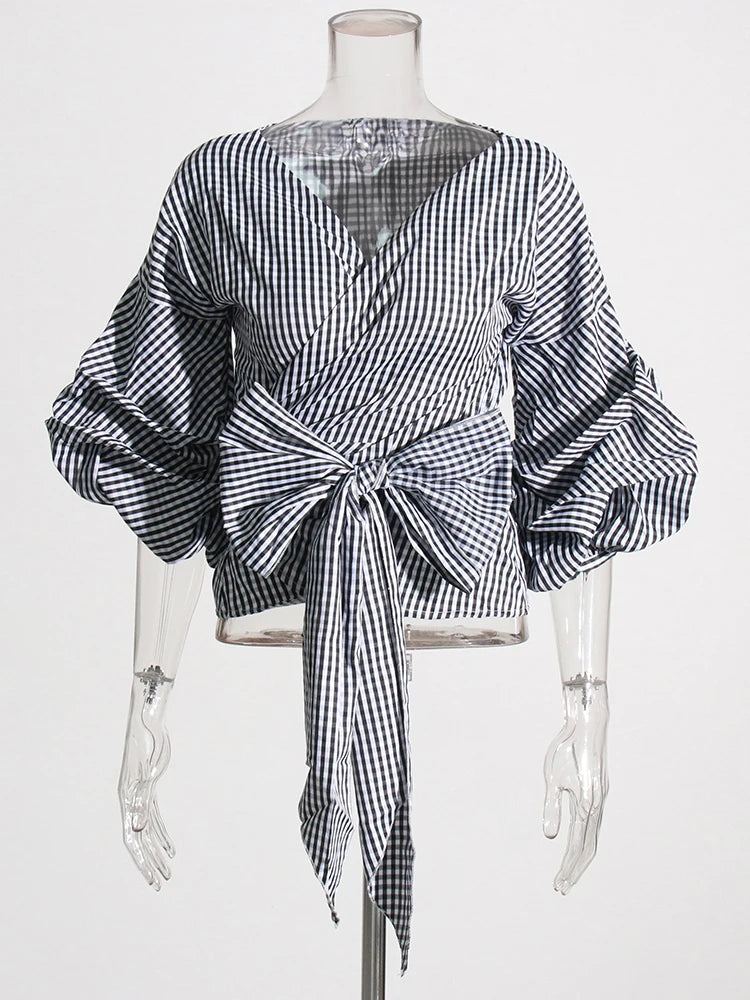 Casual Plaid Spliced Bowknot V-Neck Puff Sleeve Patchwork Folds Pullover Blouses Mssza
