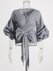 Casual Plaid Spliced Bowknot V-Neck Puff Sleeve Patchwork Folds Pullover Blouses Mssza