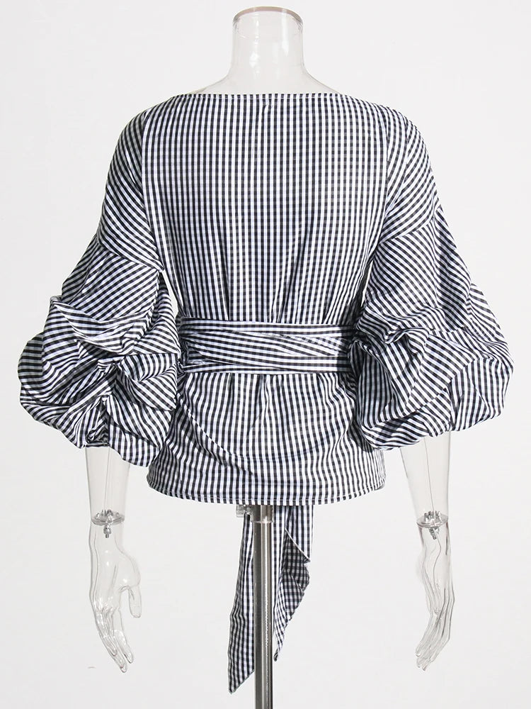 Casual Plaid Spliced Bowknot V-Neck Puff Sleeve Patchwork Folds Pullover Blouses Mssza