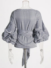 Casual Plaid Spliced Bowknot V-Neck Puff Sleeve Patchwork Folds Pullover Blouses Mssza