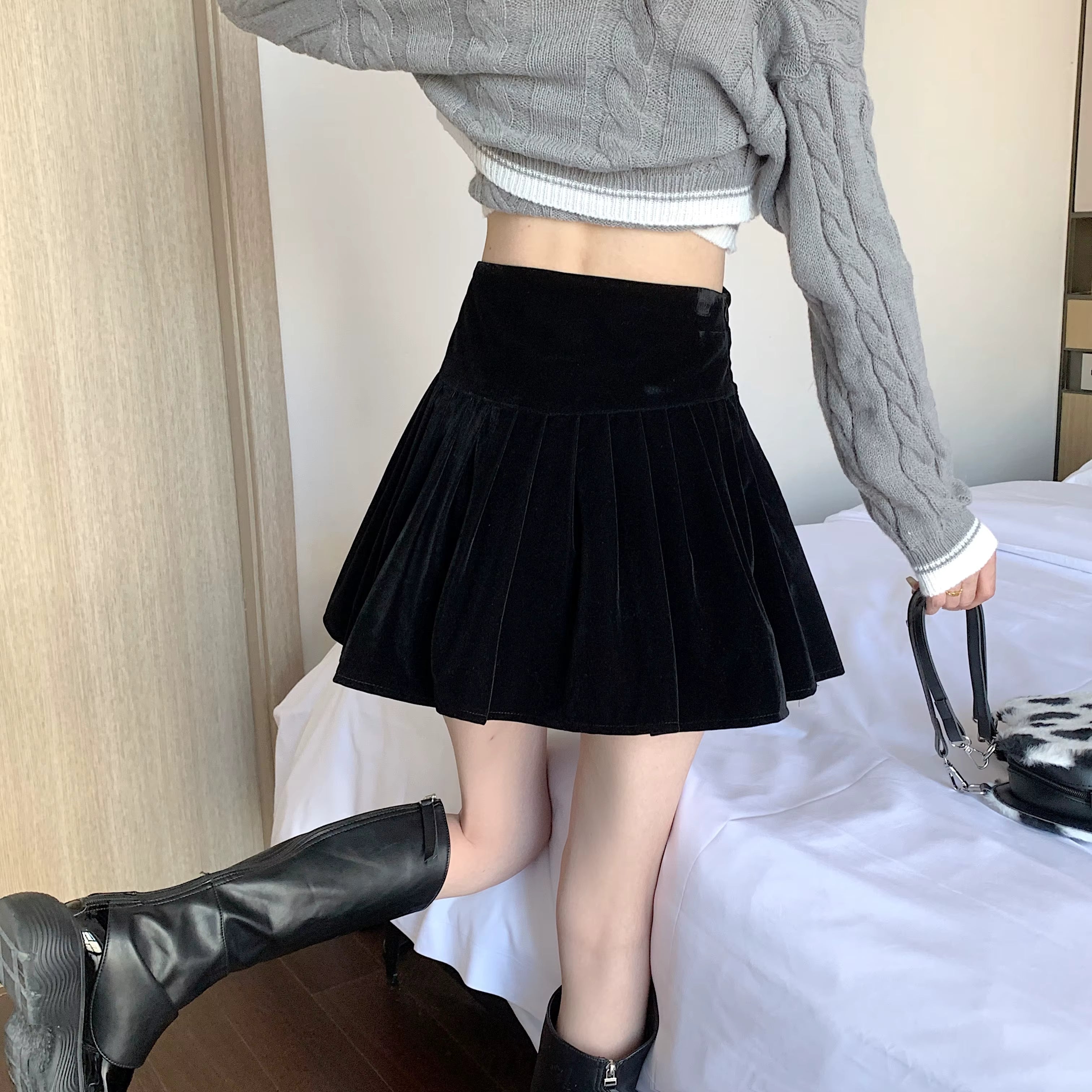 Casual Pleated Empire A-Line High Waist Medium Stretch Mini Skirts Mssza