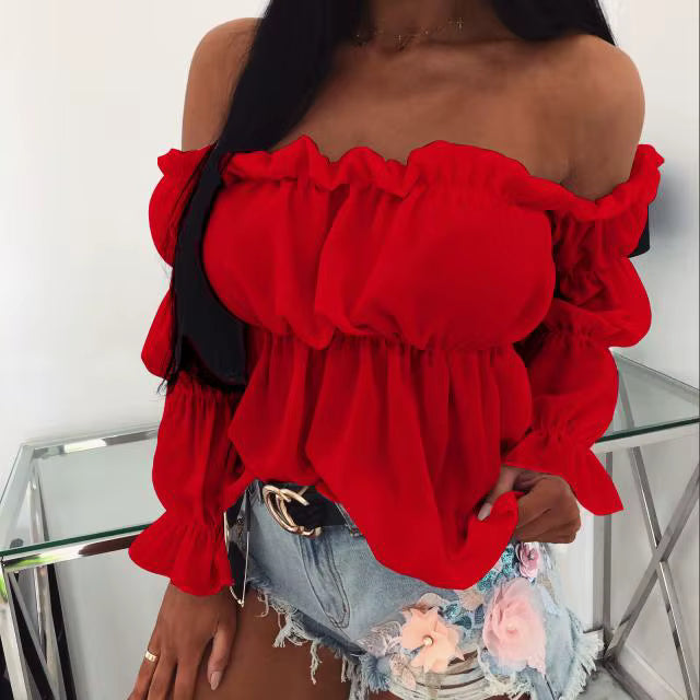 Casual Pleated Long Sleeve Solid One-line Collar Waist Ruffle Crop Top Mssza