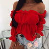 Casual Pleated Long Sleeve Solid One-line Collar Waist Ruffle Crop Top Mssza