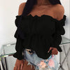 Casual Pleated Long Sleeve Solid One-line Collar Waist Ruffle Crop Top Mssza