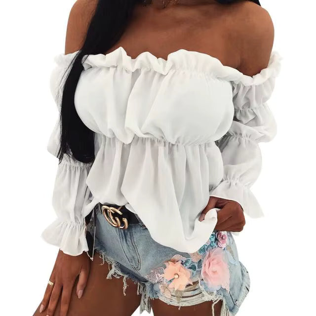 Casual Pleated Long Sleeve Solid One-line Collar Waist Ruffle Crop Top Mssza
