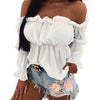 Casual Pleated Long Sleeve Solid One-line Collar Waist Ruffle Crop Top Mssza