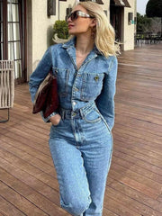 Casual Pleated Neck Front Button Straight Solid Color Jumpsuit Mssza