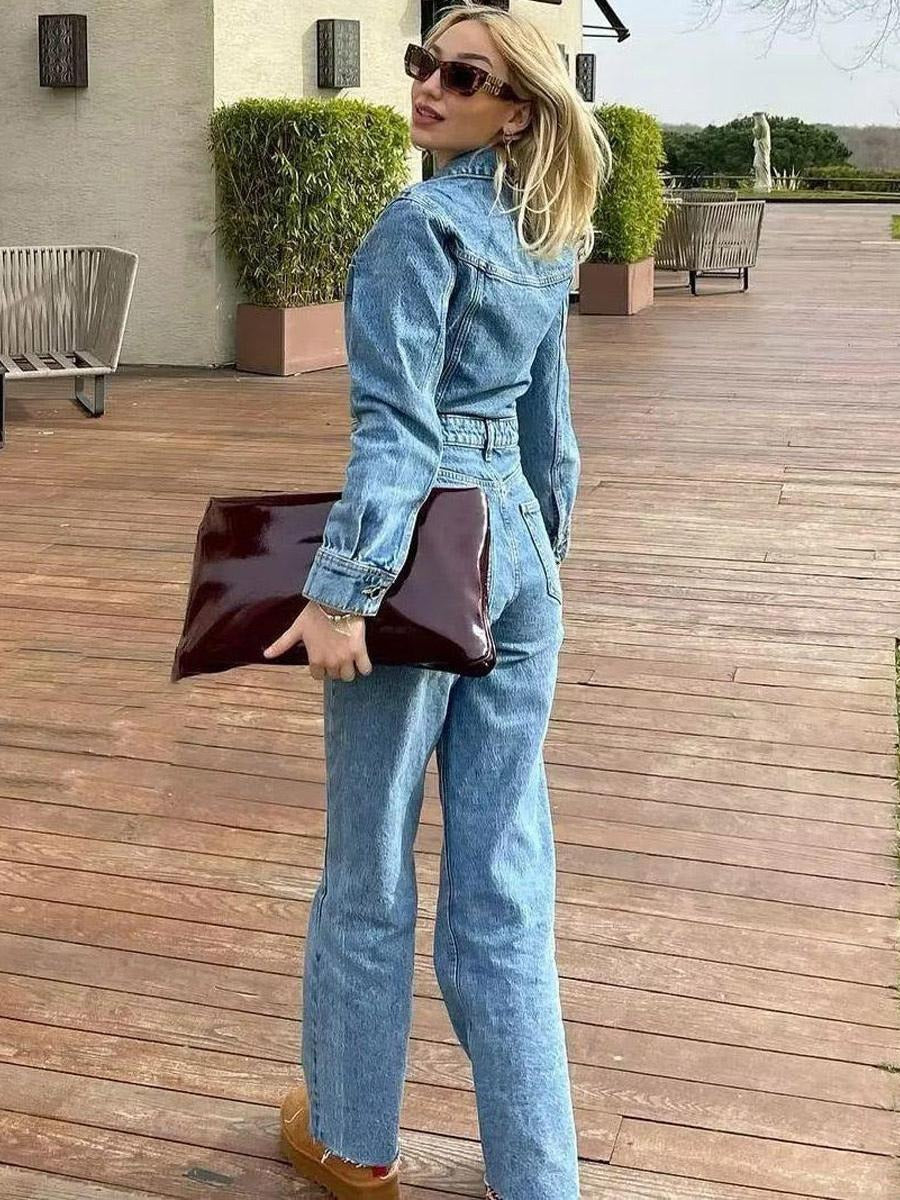 Casual Pleated Neck Front Button Straight Solid Color Jumpsuit Mssza