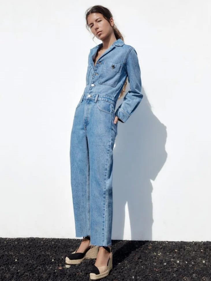 Casual Pleated Neck Front Button Straight Solid Color Jumpsuit Mssza
