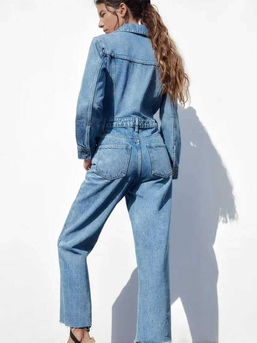 Casual Pleated Neck Front Button Straight Solid Color Jumpsuit Mssza