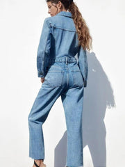 Casual Pleated Neck Front Button Straight Solid Color Jumpsuit Mssza
