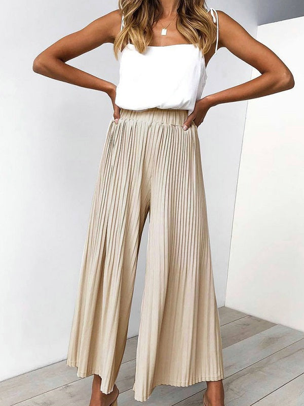 Casual Pleated Solid Color Elastic Waist Trouser Pants Mssza