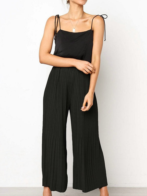 Casual Pleated Solid Color Elastic Waist Trouser Pants Mssza