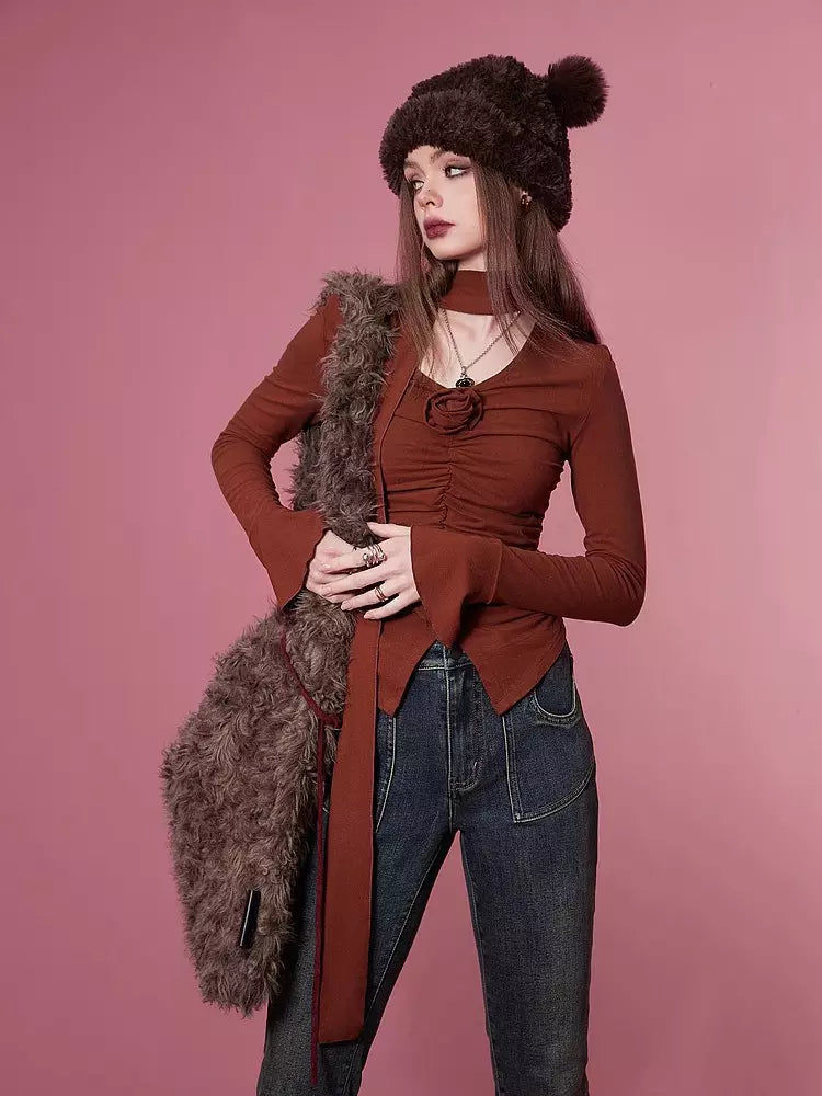 Casual Pleated V-neck Blouse With Flower Long Sleeve Shirt Mssza