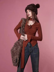 Casual Pleated V-neck Blouse With Flower Long Sleeve Shirt Mssza